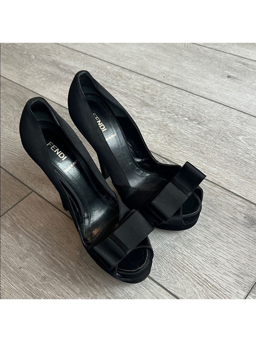Fendi Black Deco Bow Satin Peep-Toe holiday designer high Heels size 38/7 - Picture 2 of 9